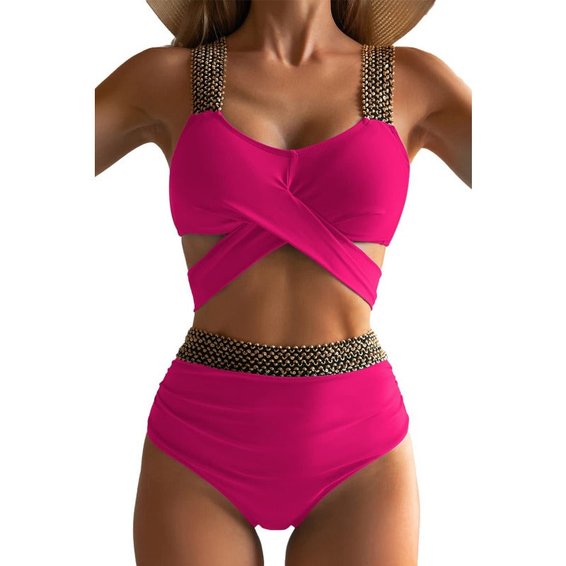 Wholesale Polyester Cross High Waisted Swimsuits with Belly Covering and Gold Wire Elastic Band Swimsuits
